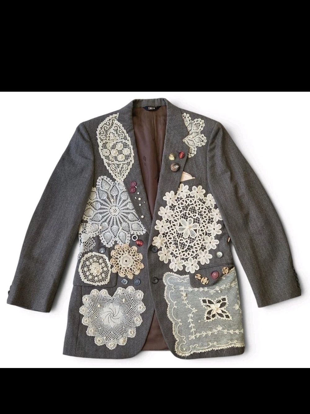 Vintage DAKS London Justers Upcycled Wearable Art Wool Blazer Lace Doily Boho